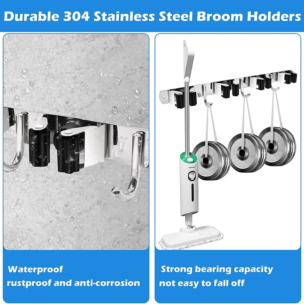 Stainless Steel Mop and Broom Holder Wall Mounted Multi-Functional Bathroom Kitchen Storage Rack Garage Garden Tools Organizer Zpaxo