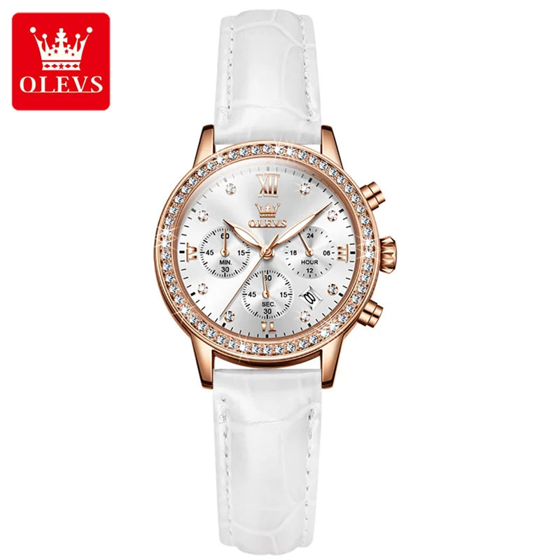OLEVS Fashion Diamond Watches For Women Luxury Brand Rose Gold Case Ladies Quartz Watch White Leather Strap reloj para mujer Zpaxo
