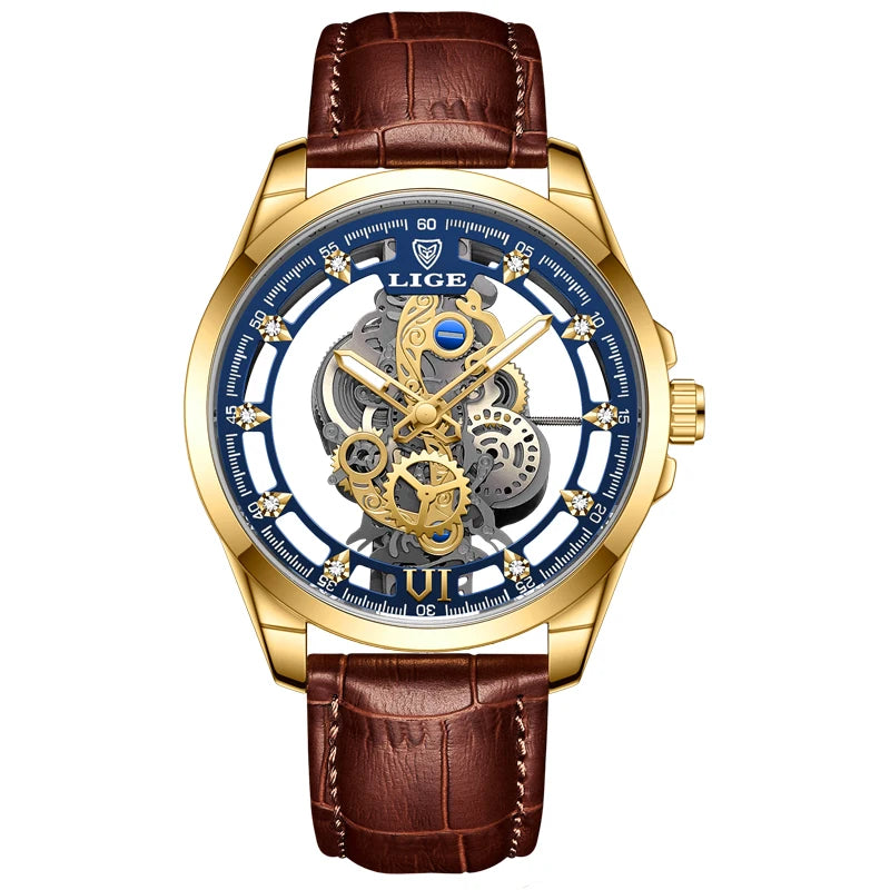 2025 LIGE Men Watch Skeleton Automatic Quartz Watch Gold Skeleton Vintage Man Watch Mens Watches Top Brand Luxury часы мужские Zpaxo Gold blue L