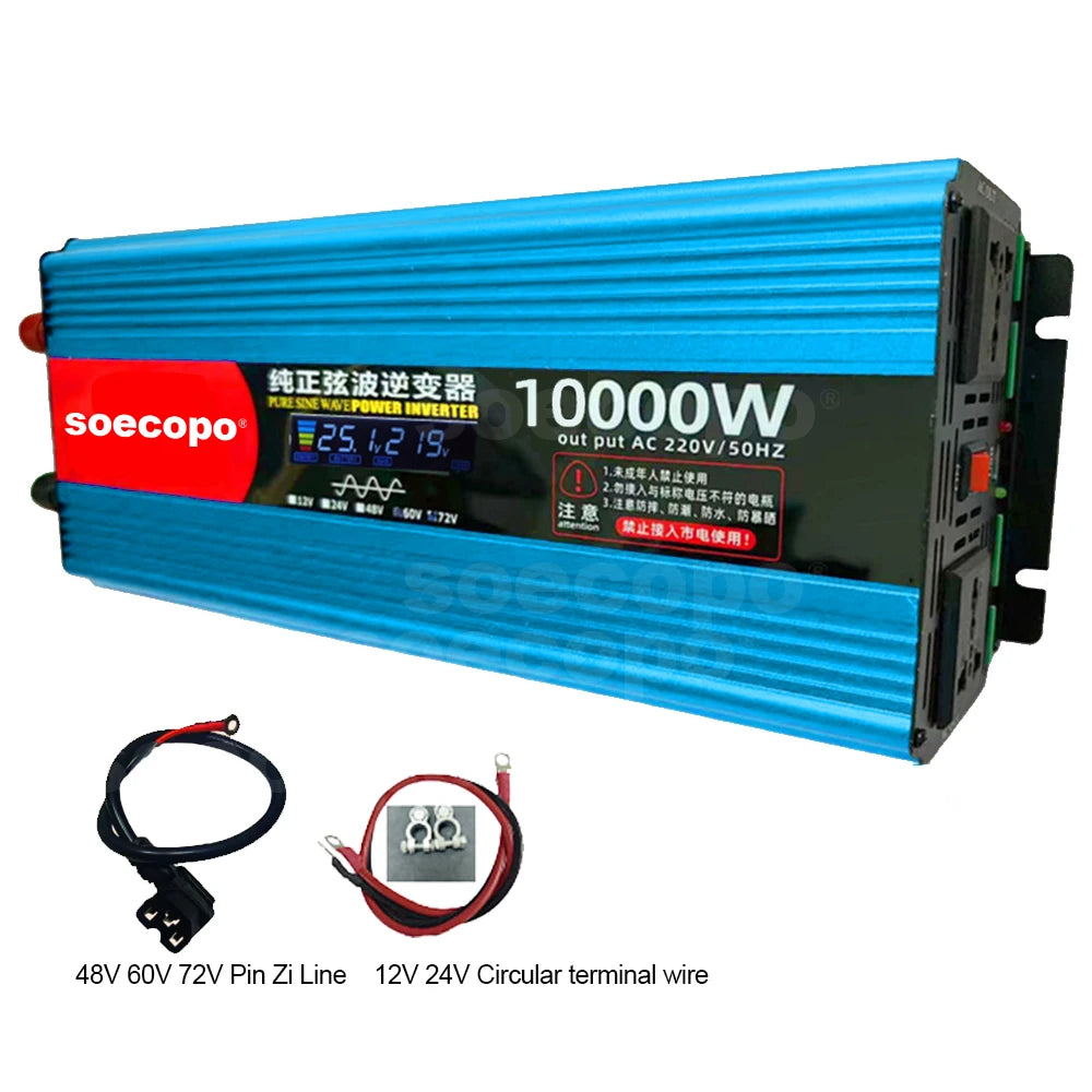 Pure Sine Wave Inverter 10000W Dual Voltage Design for Car/Trucks/E-Motorcycle/Home 12V/24V/48V/60V/72V to 110V/220V LCD Display Zpaxo