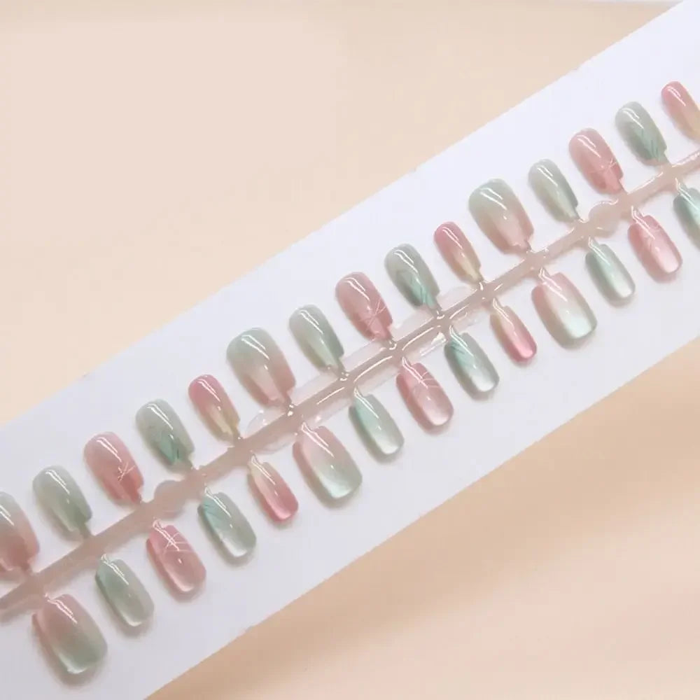 24pcs Long Square False Nails French Shining Cat Eye Fake Nails Full Cover Press on Nails Nail Tips Zpaxo T004