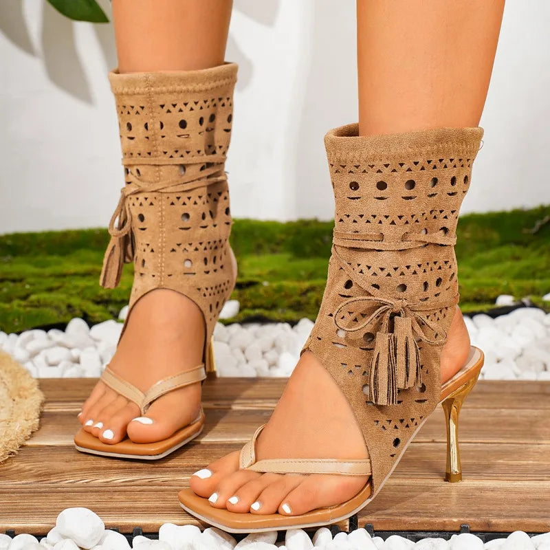 Women's Square Toe Post Tassel Embellishment Hollow Out Sandals 2026 Zpaxo Brown 41