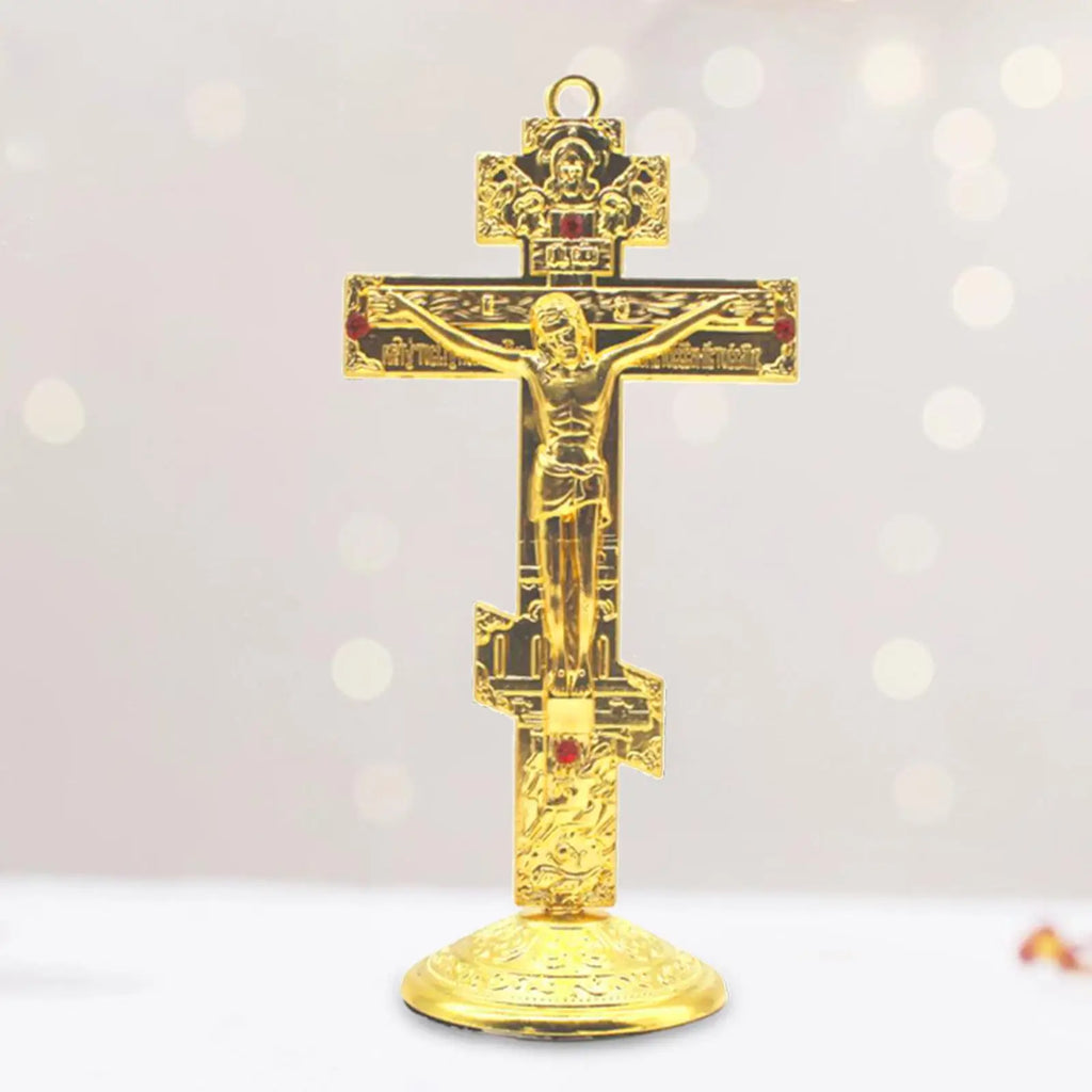 Jesus Cross for Desk Metal with Base Tabletop Ornaments Christian Home Goods Prayer Utensils Table Top Crucifix Cross Catholic Zpaxo golden