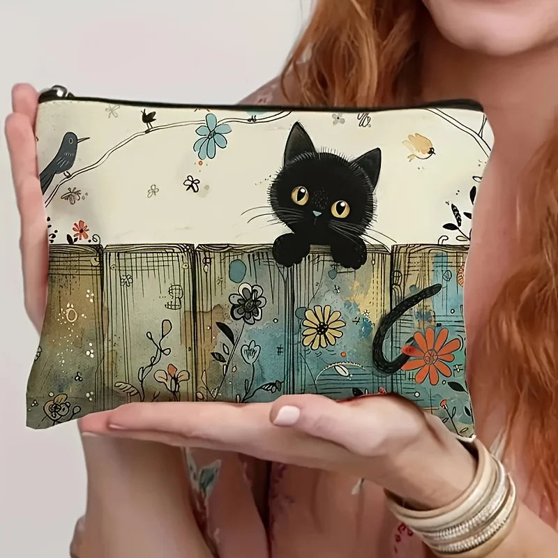 Black Cat Floral Zipper Pouch Durable Fade-resistant Cosmetic Bag
