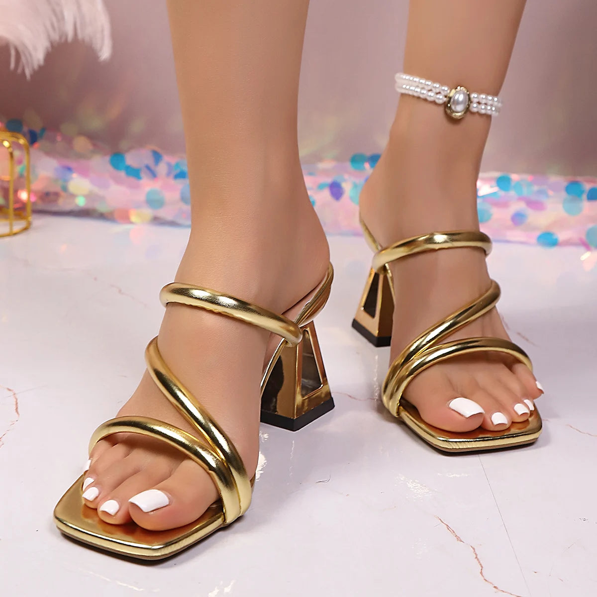 Women Sandals Luxury Square Heel Jelly Glitter Sexy Shoes for Women Summer Casual High Heels Sandals Designer Trend Luxury Shoes Zpaxo