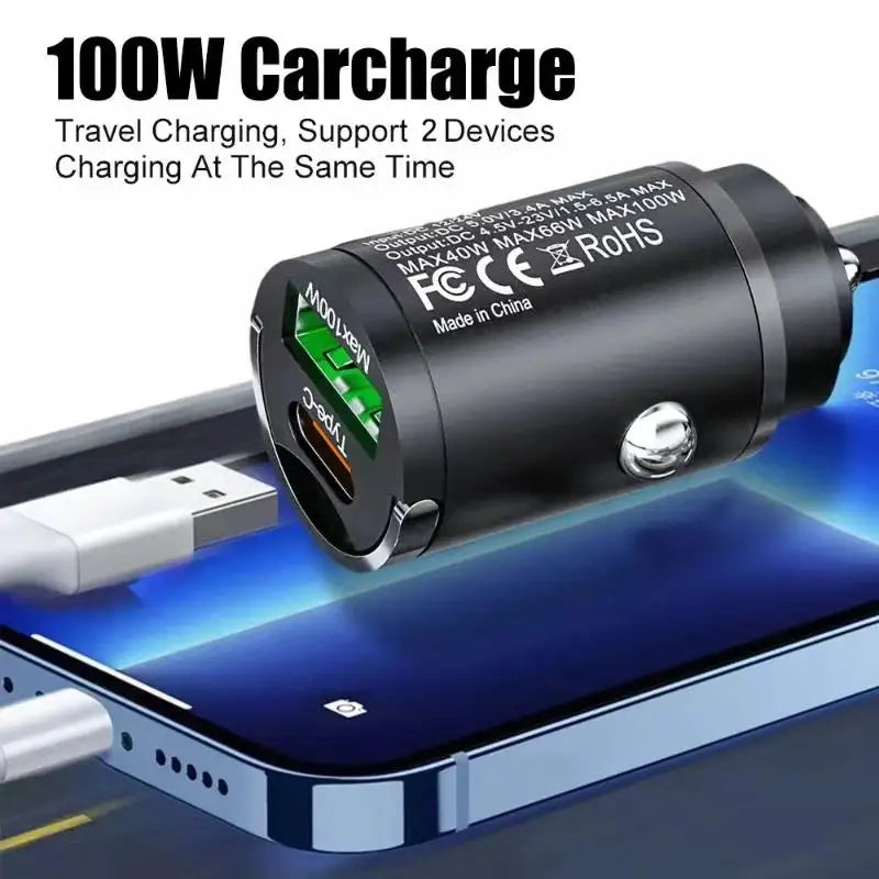 100W Car Charger Type USB C Dual Port Fast Charging For iPhone Samsung Huawei Xiaomi Pull Ring Socket Cigarette Lighter Charger Zpaxo