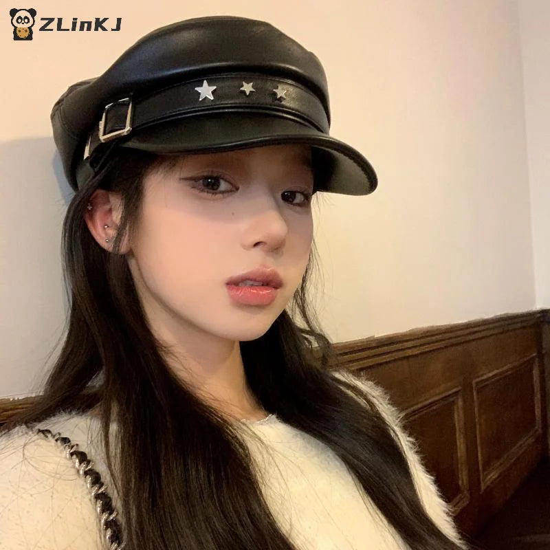 ▶Vintage Rivet Beret Harajuku Y2K Girl Gothic Lolita Black Leather Dark Face Revealing Flat Top Newsboy Caps Sunscreen Beret Cap Zpaxo