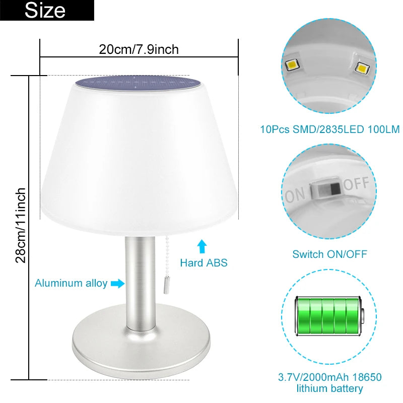 Smart Solar Table Lamp LED White Night Lights for Indoor Desk Outdoor Garden Household - Solar Powered Reading Light Zpaxo