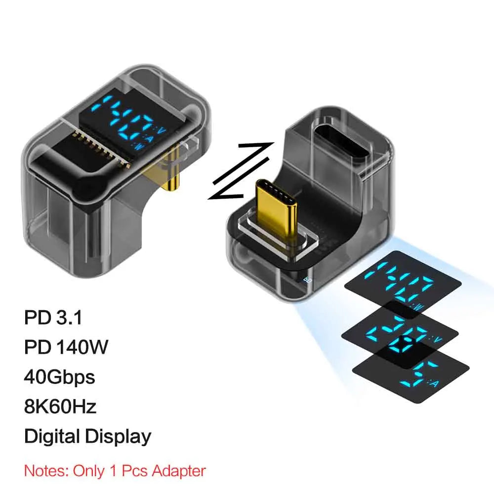90° USB-C Adapter – 40Gbps, PD 140W, 8K 60Hz, Thunderbolt 4 USB-C Adapter Zpaxo U Shape Transparent