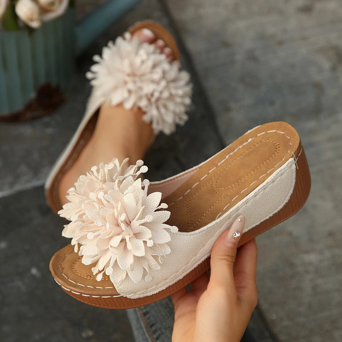 Women Wedges Slippers 2025 New Summer Sandals Slip on Fashion Woman Shoes Flower Platform Slippers Slides Women Zapatos De Mujer Zpaxo Beige 38