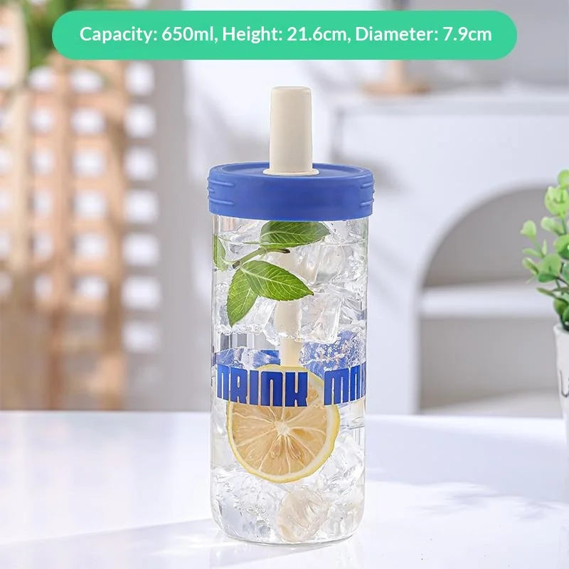 Hot High Appearance Straw Glass Cup, Heat-resistant Beverage Cup, Simple Student Portable Large Capacity Glass Water Cup Zpaxo Blue letters