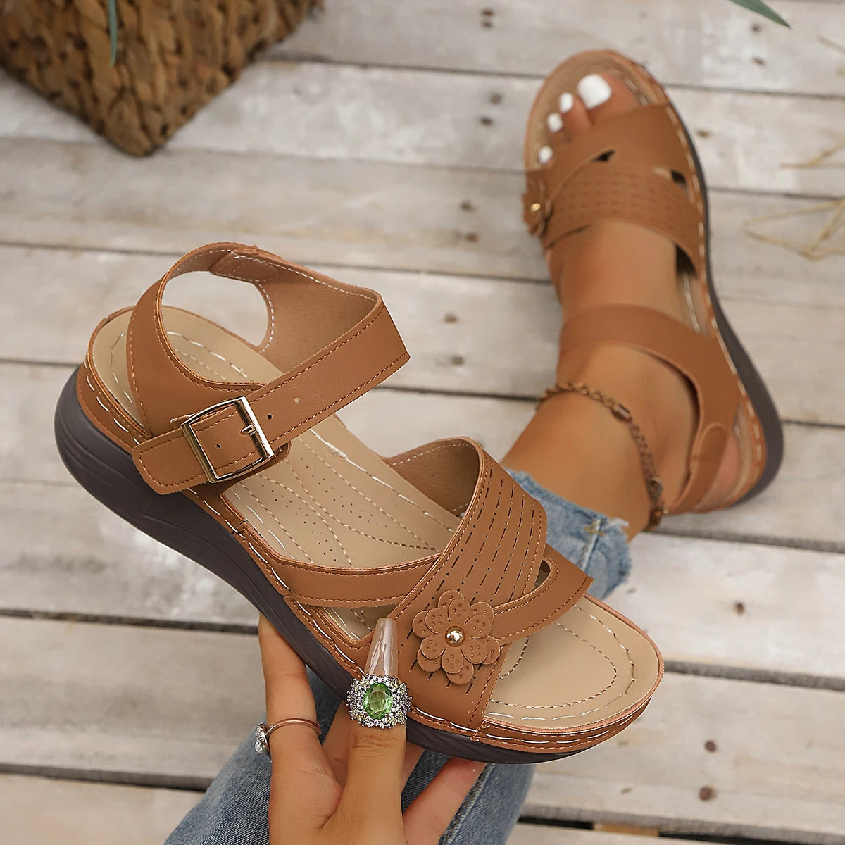 Women Sandals Retro Flower Platform Ankle Buckle Wedge Shoes Woman Zpaxo Brown 36