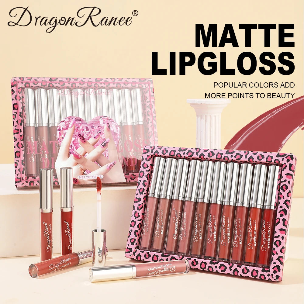Lip Gloss Set of Ten in a Box, Velvet Soft Matte, Brightening, Versatile, Moisturizing Lipstick, Nude Color, Long-Lasting, Non-Stick, Non-Fading Lip Gloss Zpaxo