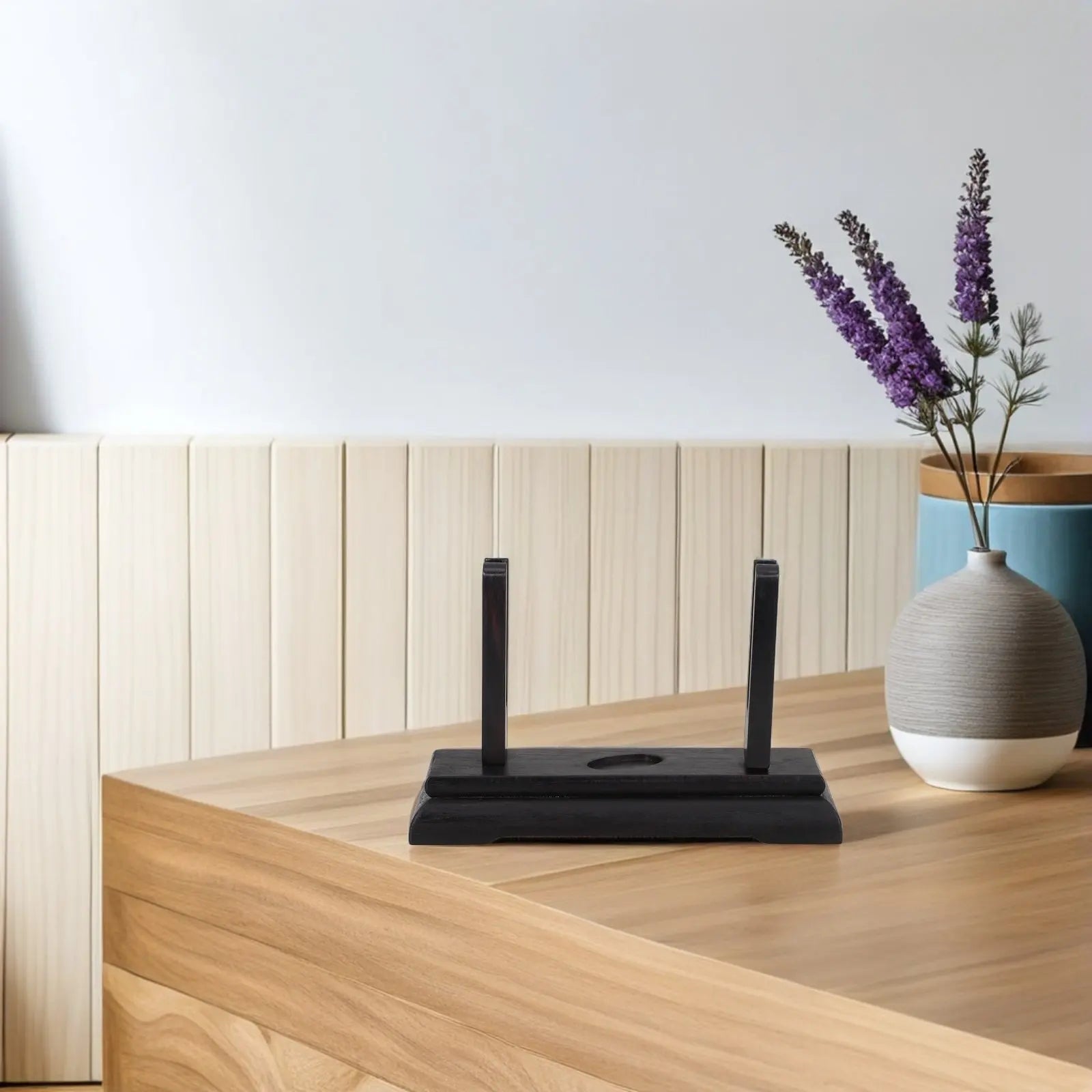 Black Wooden Japanese Folding Fan Holder Fan Display Stand Decorative Desktop Organizer for Home Office Elegant Oriental Charm