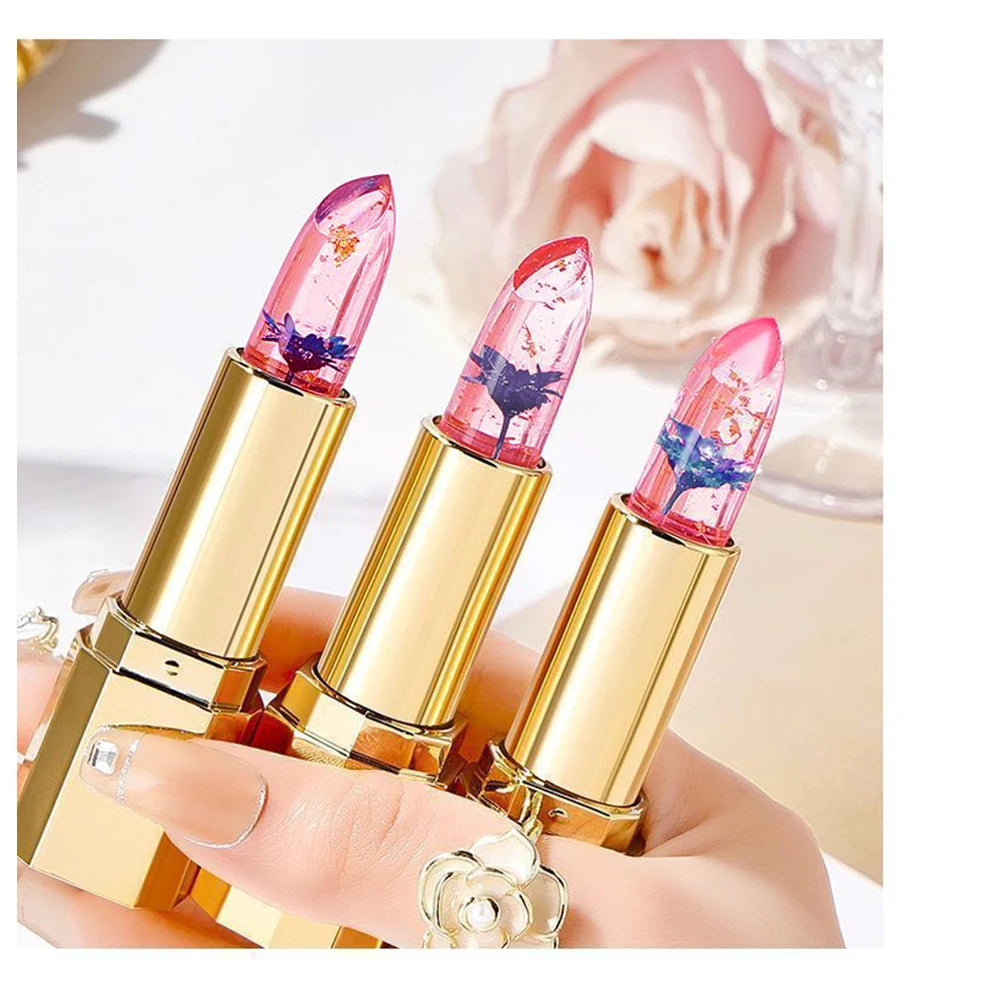 Transparent Flower Infused Lipstick, Gold Foil Jelly Lip Gloss for Long-lasting Hydration & Pink Tint Zpaxo