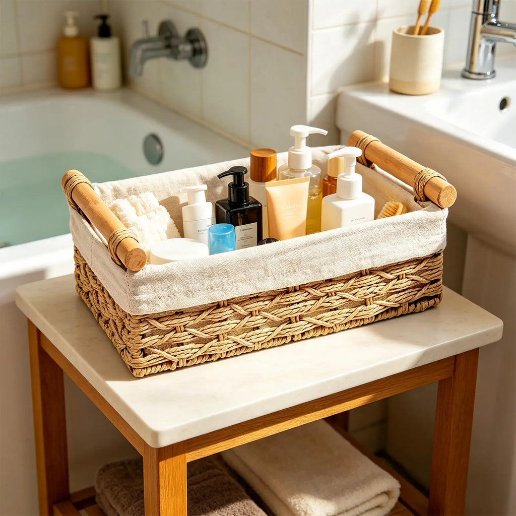 Wicker Storage Basket Woven Paper Rope Bin Handles Liners Desktop