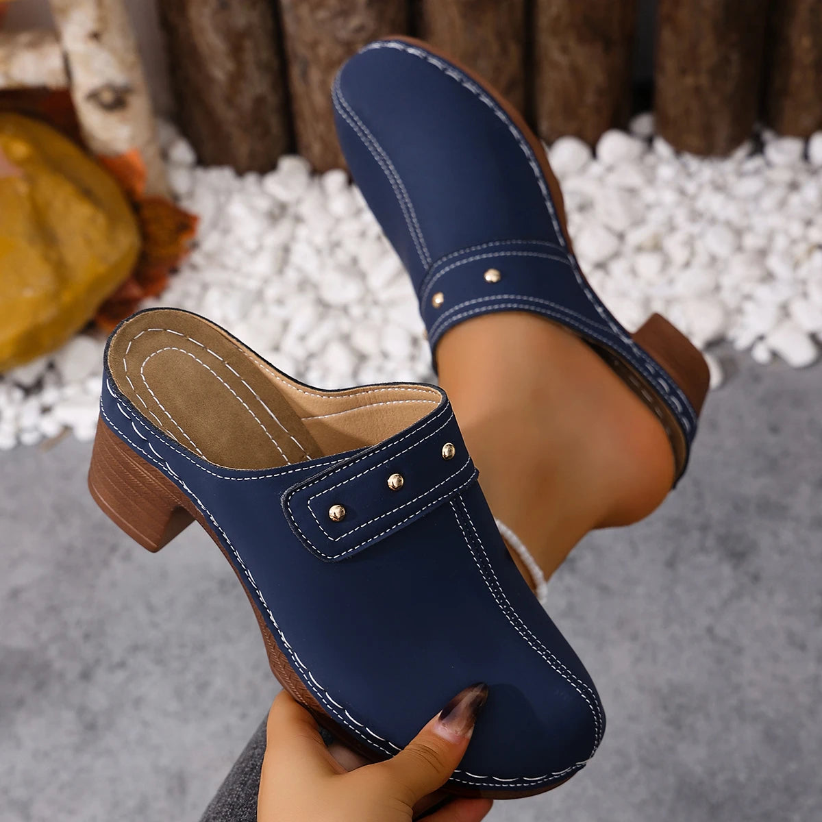 Women Slippers 2026 Chunky Heels Platform Sandals Summer Retro Round Zpaxo Blue 38