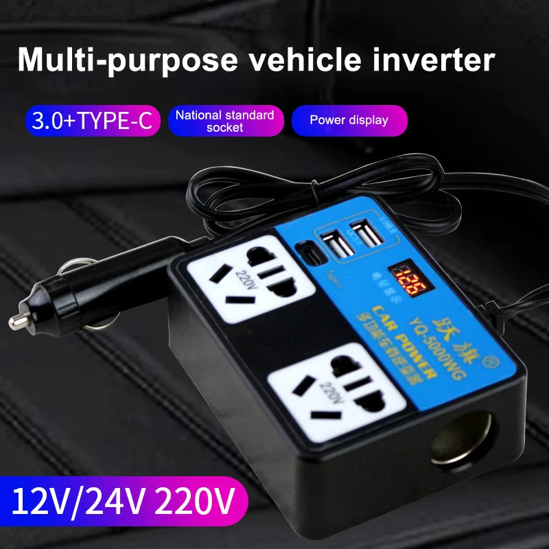 DC 12V/24V Car Inverter – LCD Display & Fast USB Charging