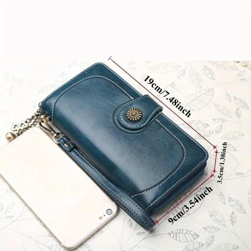 Long Wallet Clutch Bag Women Vintage Greased Leather Large Capacity