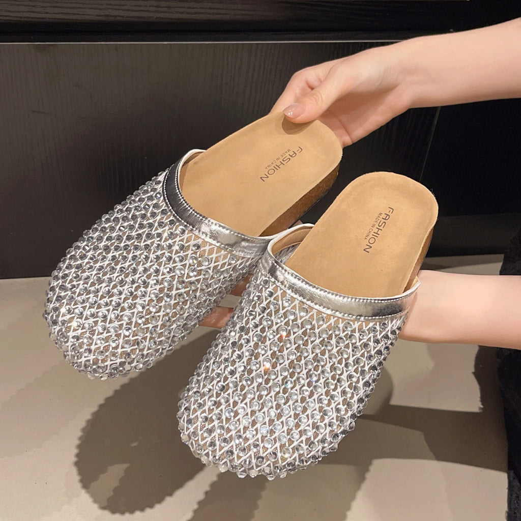Sandals for Women's 2025 Summer New Luxury Brand Slippers Lightweight Round Head Shoes Water Diamond Flat Slides Women Sandals Zpaxo