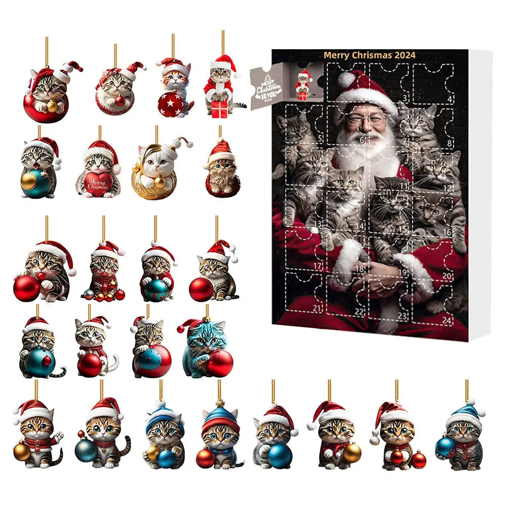 Advent Calendar 2024 Christmas Tree Cat Pendant Cute Christmas Advent Calendar 2D Acrylic Cat Hanging Pendant for Cat Lovers Zpaxo 26x18CM E
