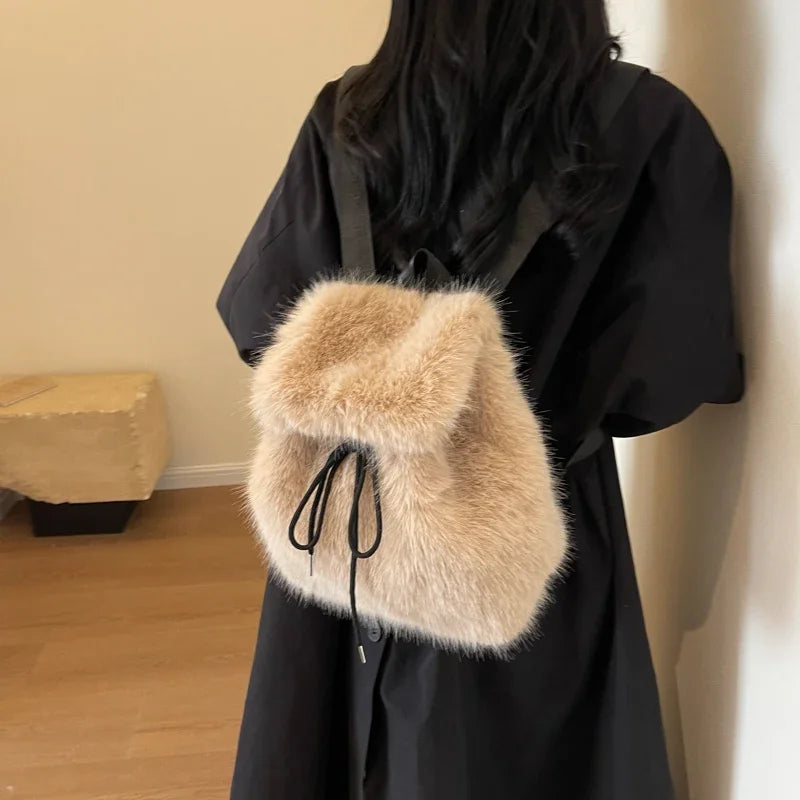 Design Faux Fox Fur Backpack Women Drawstring Flap Magnetic Closure