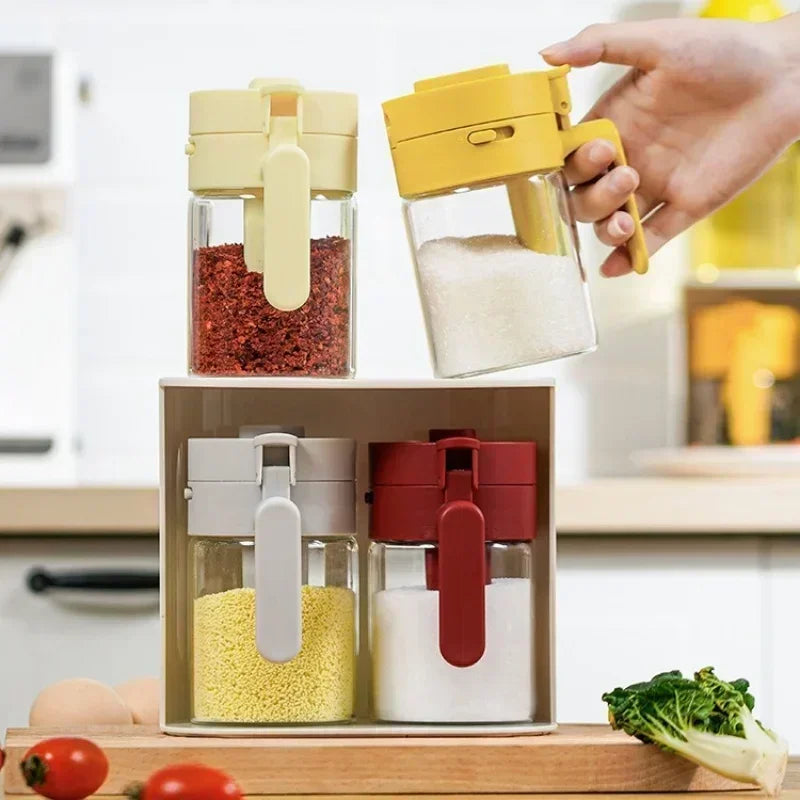 2 in 1 Household kitchen Moisture-Proof Seasoning Jar Salt Container Glass Spice Bottle Spoon separation Glass Seasoning Can liy Zpaxo