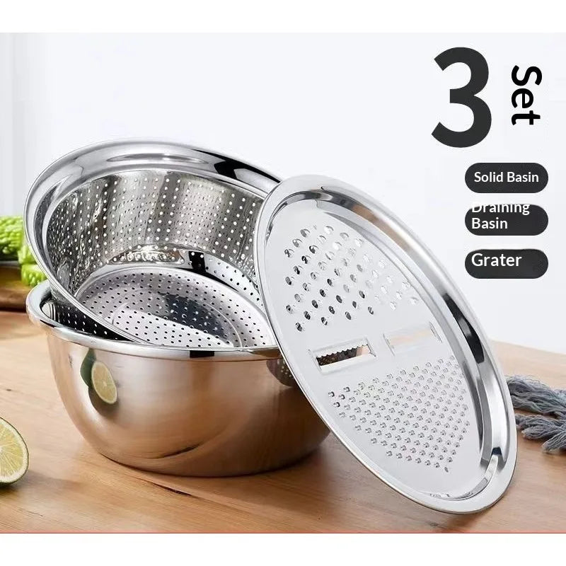 New 3pcs Stainless Steel Multifunctional Strainer, and Mixing Bowl for Washing and Slicing Fruits, Vegetables Tools Zpaxo