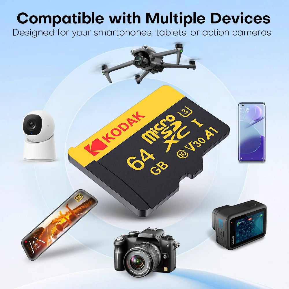 KODAK Micro SD Card 128GB 64GB 32GB 16GB Class 10 U3 100MB/s TF Memory Card + SD Adapter for 4K Video Drone Phone Zpaxo