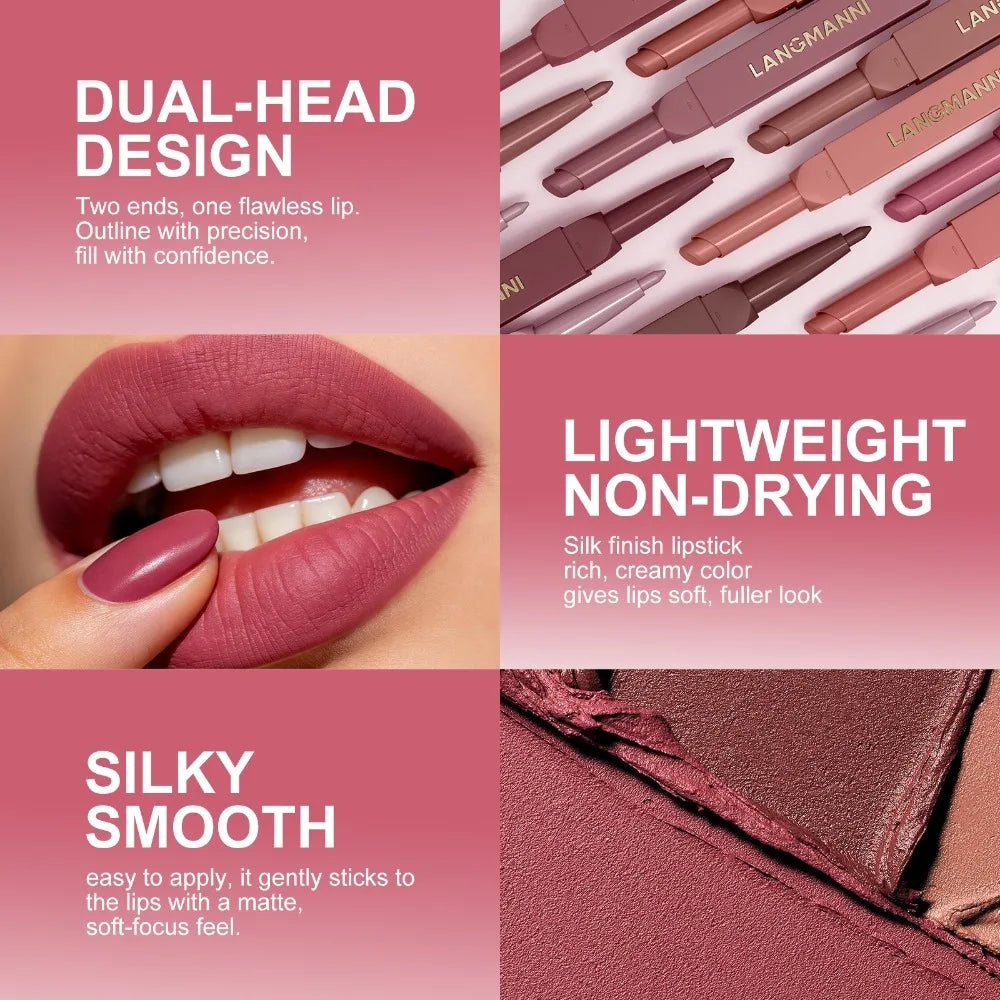 2-in-1 Matte Lip Liner Pencil Velvet Lipstick Crayon Waterproof Smudge-Proof Easy Precision Brown Lip Contouring Charming Makeup Zpaxo