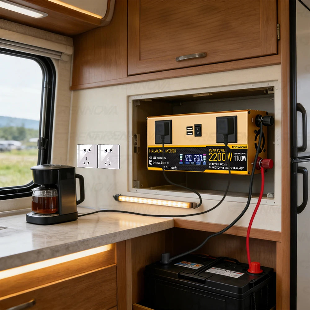 Grennova 1400W/2200W Dual Voltage Power Inverter w/ LCD Screen 12V/24V/48V/60V/72V to 110V/220V for RV, Camping & Solar Off-Grid Zpaxo