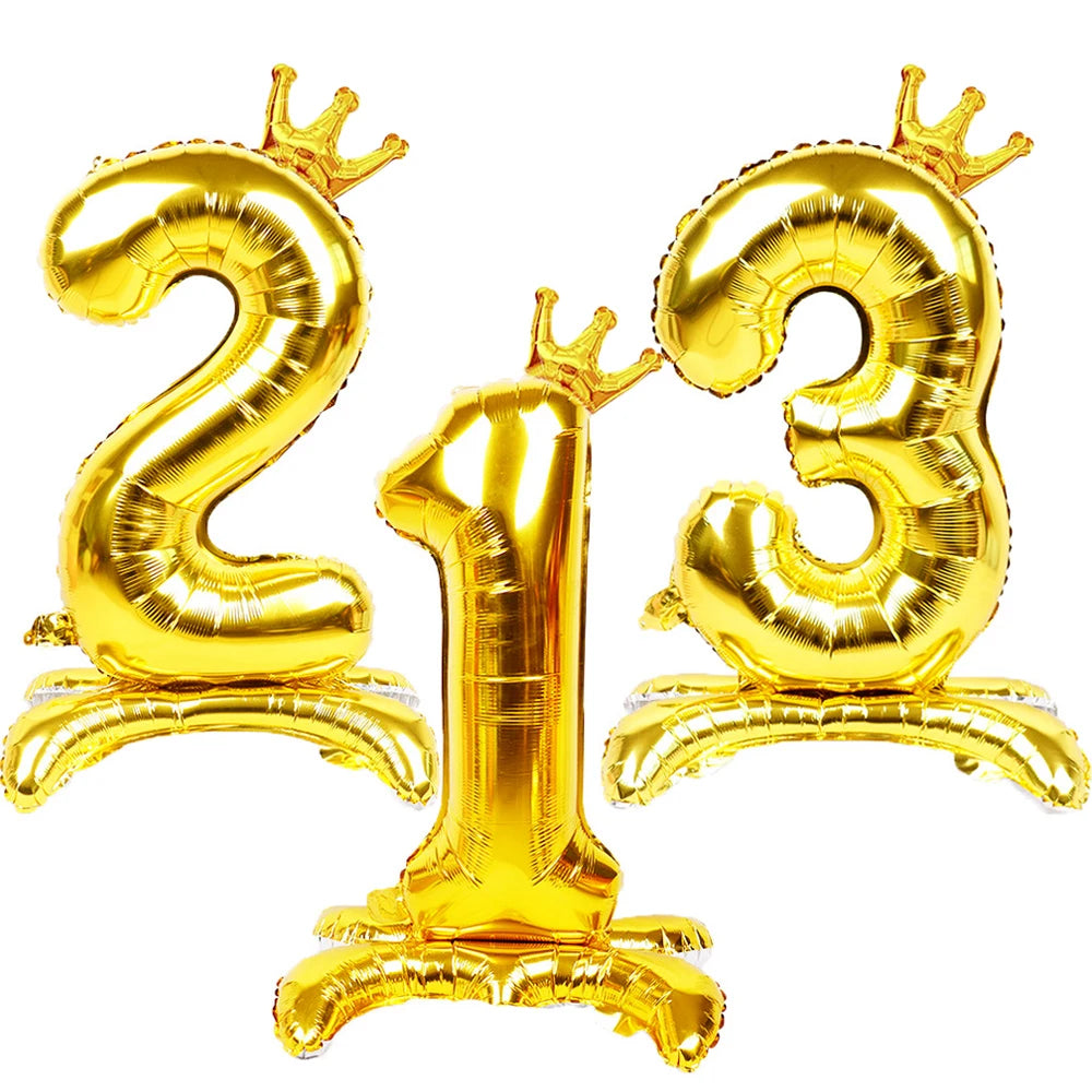Gold Number Stand Foil Balloons Crown Digital Figures Globos 0-9