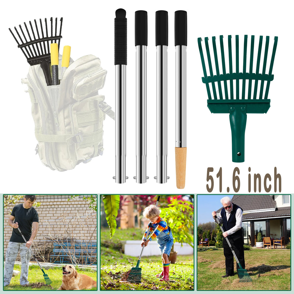 Garden Leaf Rake 51.6 inch Adjustable Long Handle With 11 Prong High Strength Shrub Flower Bed Cleaning Rake for Autumn Garden Zpaxo