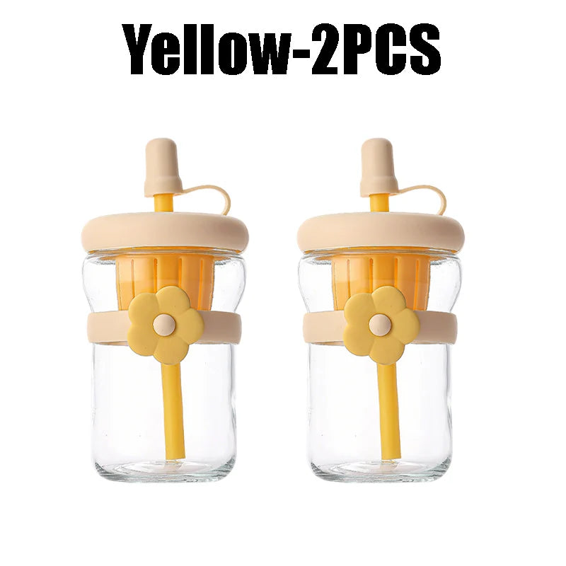 Glass Flower Cartoon Tea Strainer Cold Brew Straw Tumbler Leak-proof Zpaxo Yellow-2PCS 500ml