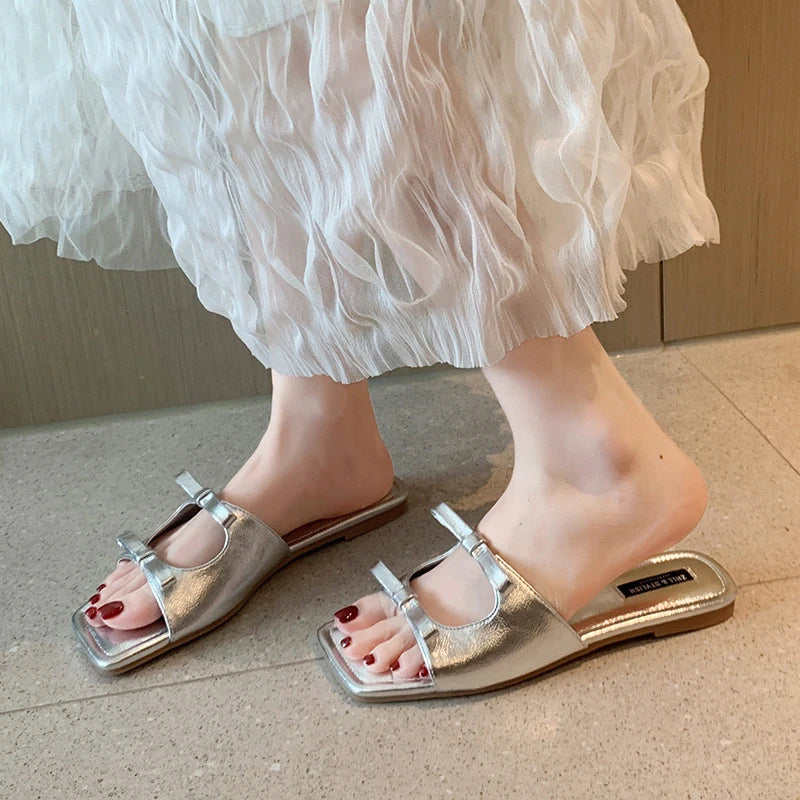 Womens Silver Bow Knot Square Toe Slide Sandals Open Flat Slippers Zpaxo
