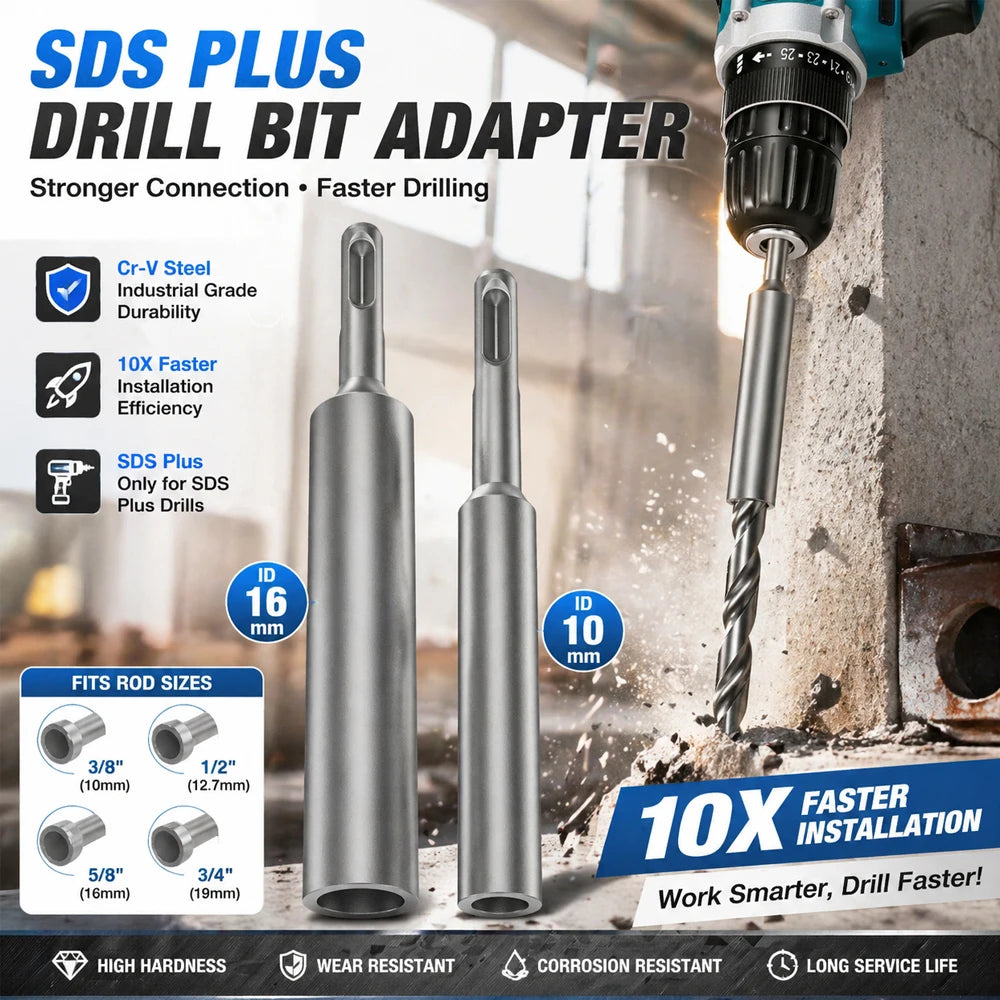 SDS Plus Ground Rod Driver Set 10mm 16mm 19mm Industrial Cr-V Steel for 3/8" 1/2" 5/8" 3/4" Rods, Heavy Duty Grounding Bit Zpaxo