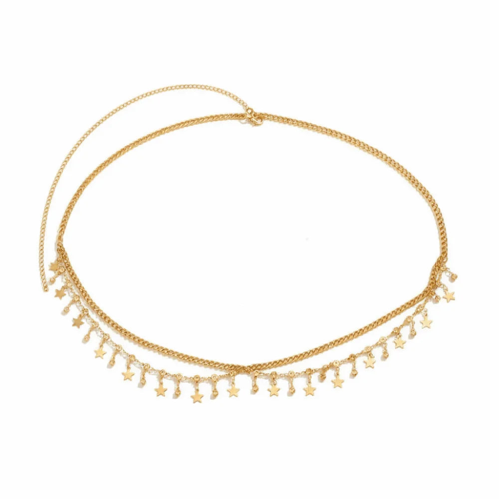 Star Glitter Tassel Boho Waist Chain Shiny Rhinestone Beach Body Jewelry Belly Waist Chain Multi Layer Chain Body Belt Zpaxo Gold