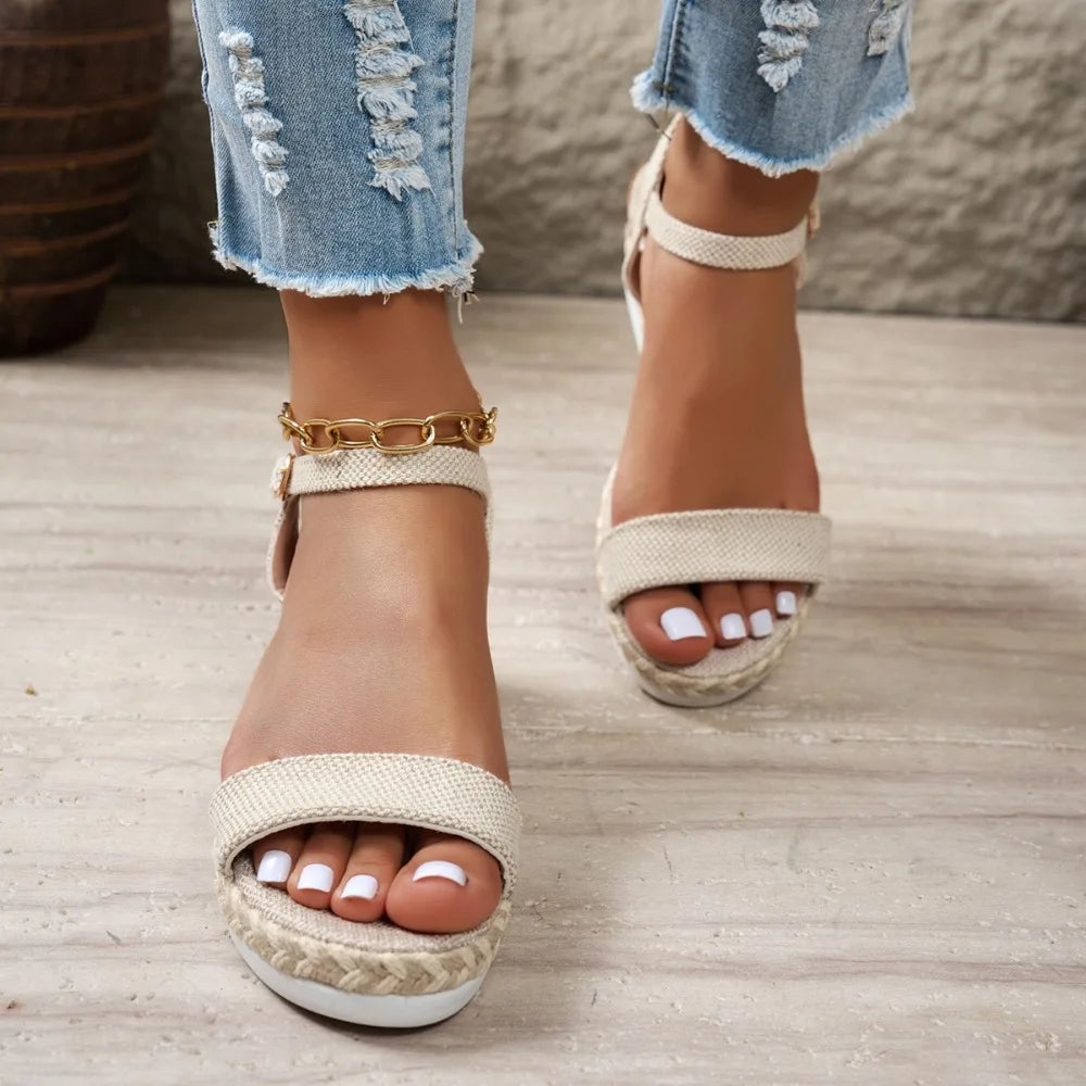 Women's Sandals Peep Toe Wedges Heels 2026 Summer Beige Ankle Buckle