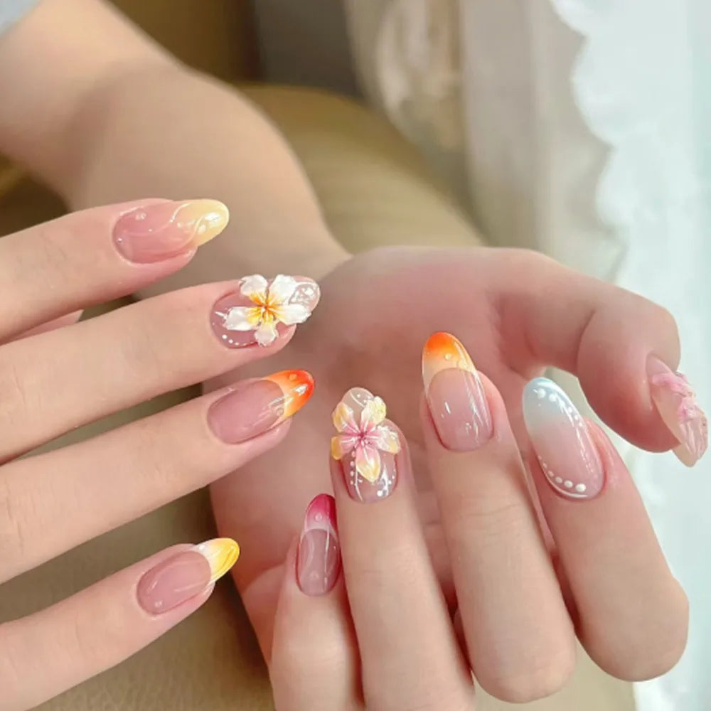 Manicure Long Almond False Nails Flowers Butterfly Aurora Fake French Zpaxo JL0687