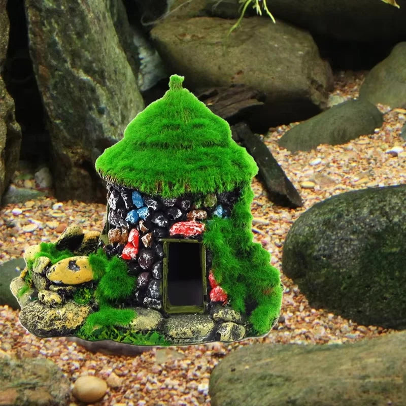 Aquarium Decoration House Resin Betta Cave Realistic Green Moss Fish