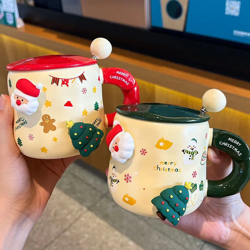 Christmas Themed Mugs Magnetic Attachment Lid Spoon Cute Ceramic Cup