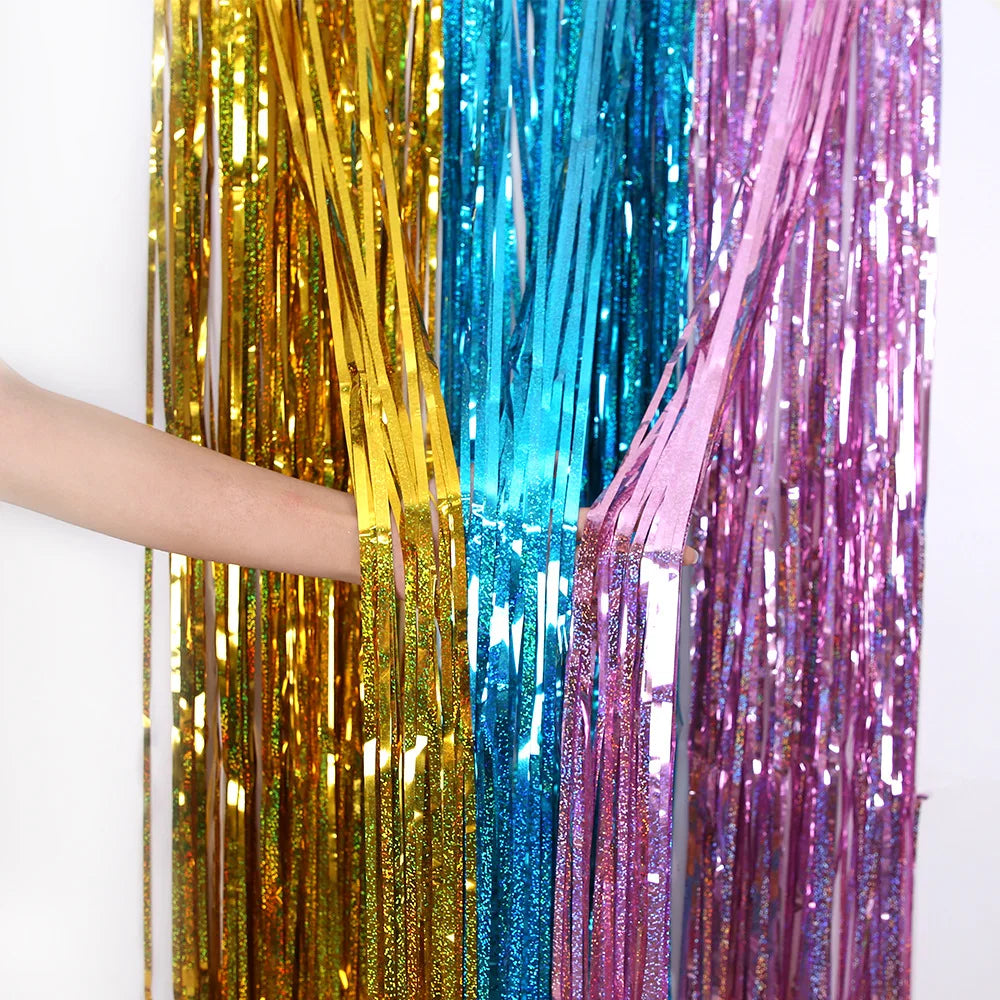 2M Glitter Pink Metallic Foil Tinsel Curtain Backdrop Birthday