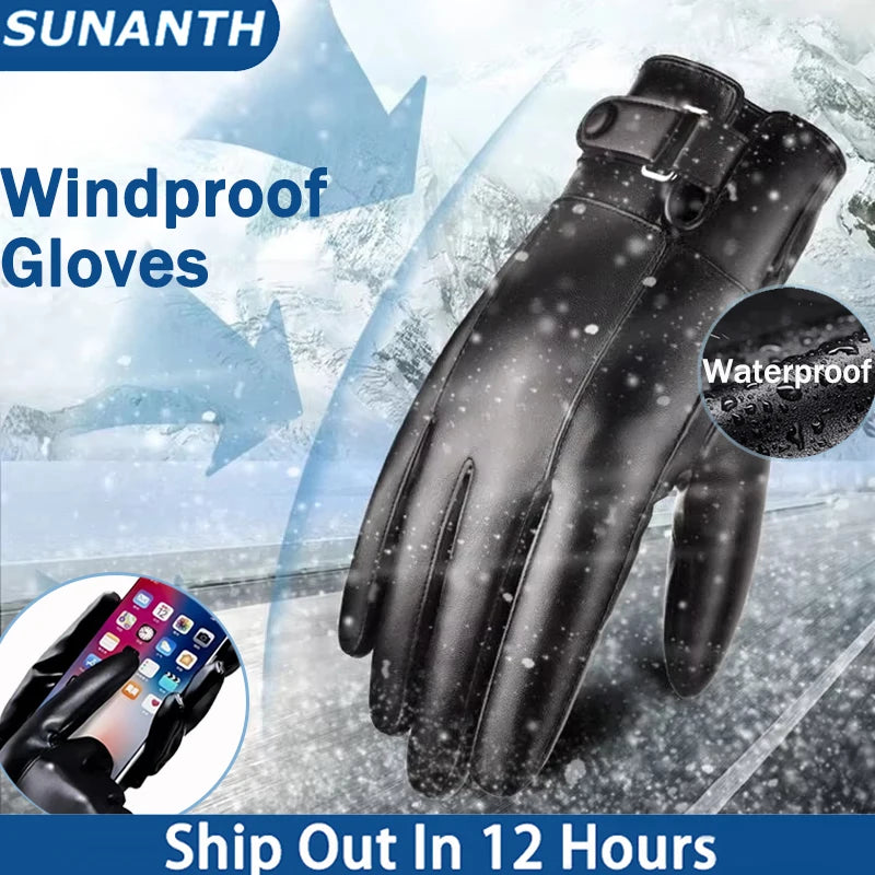 Windproof Touchscreen PU Gloves Unisex Waterproof Warm Outdoor Sports Gloves Solid Color Cycing Skiing Driving PU Gloves Male Zpaxo