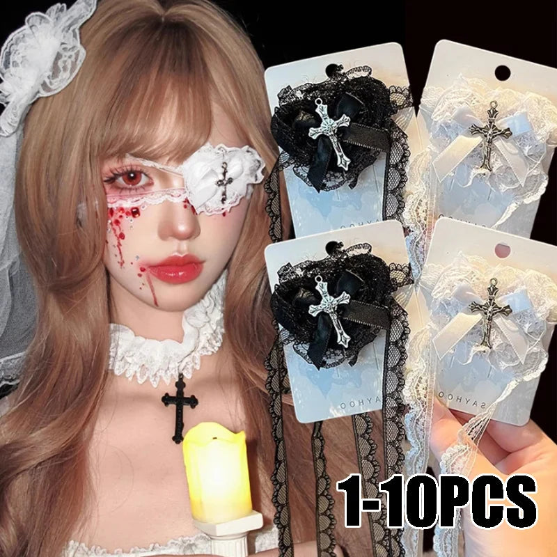 Sweet Edgy Black White Lace Bow Heart Cross Eye Mask Halloween Lolita
