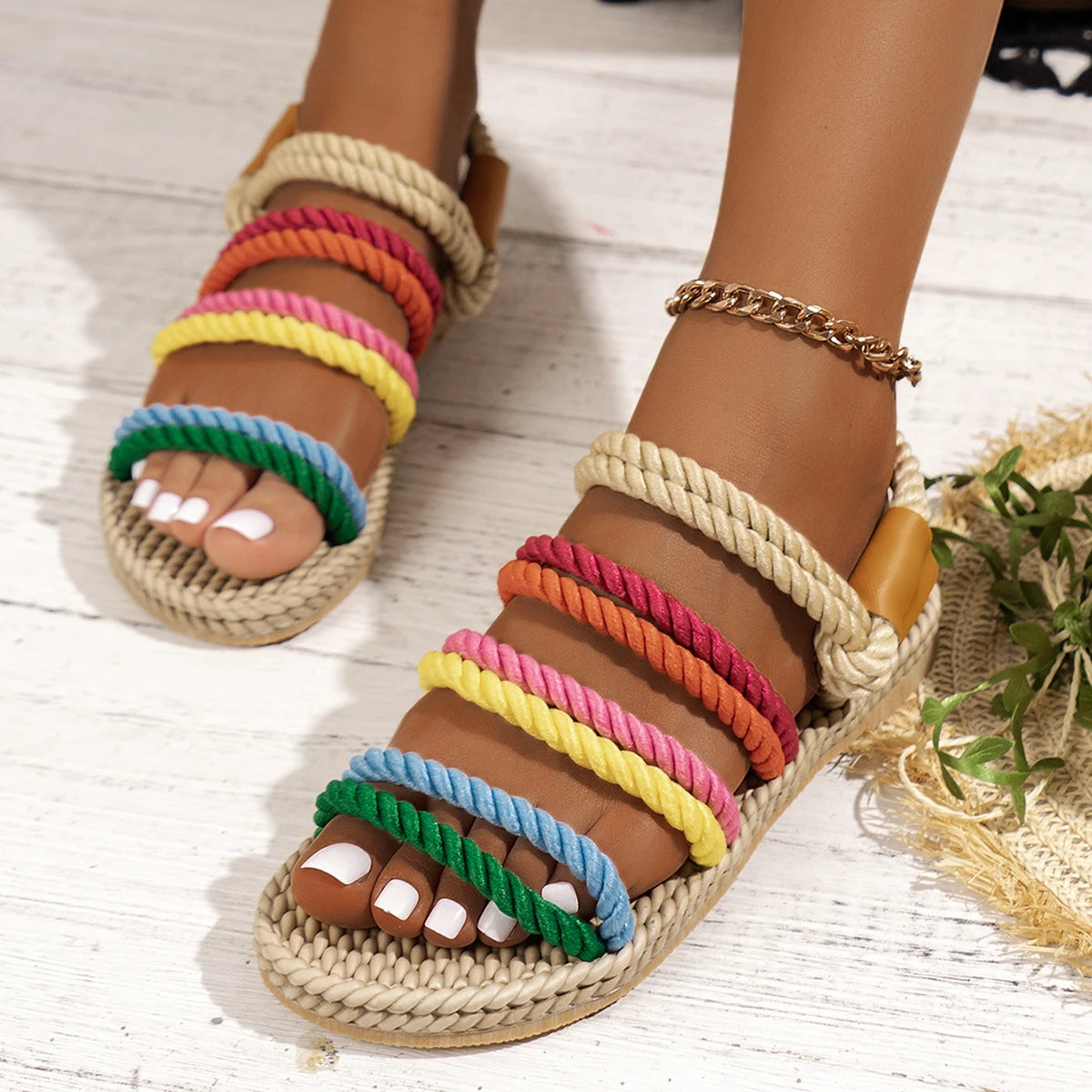 Summer Women Sandals Roman Rainbow Bohemian Straw Flat Shoes Hemp