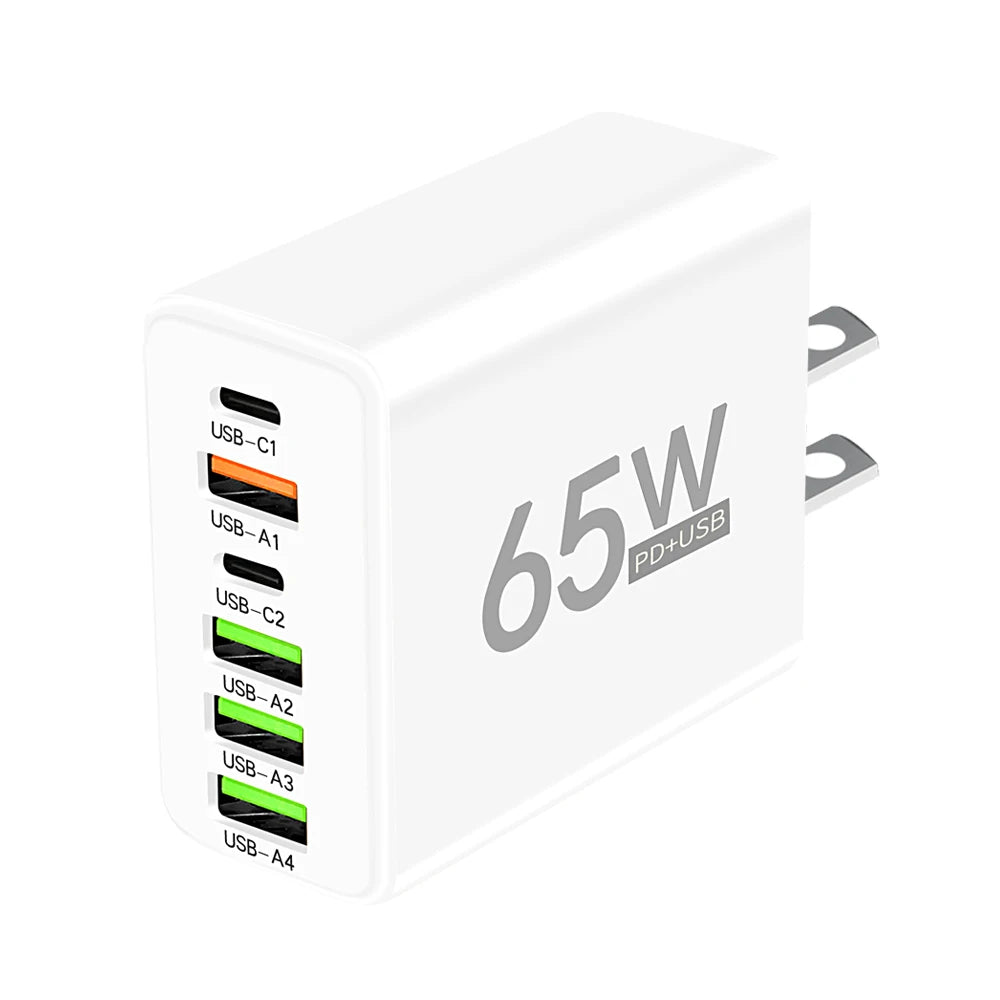 65W 6-Port USB-C PD Fast Wall Charger – iPhone & Android USB Wall Charger Zpaxo US White
