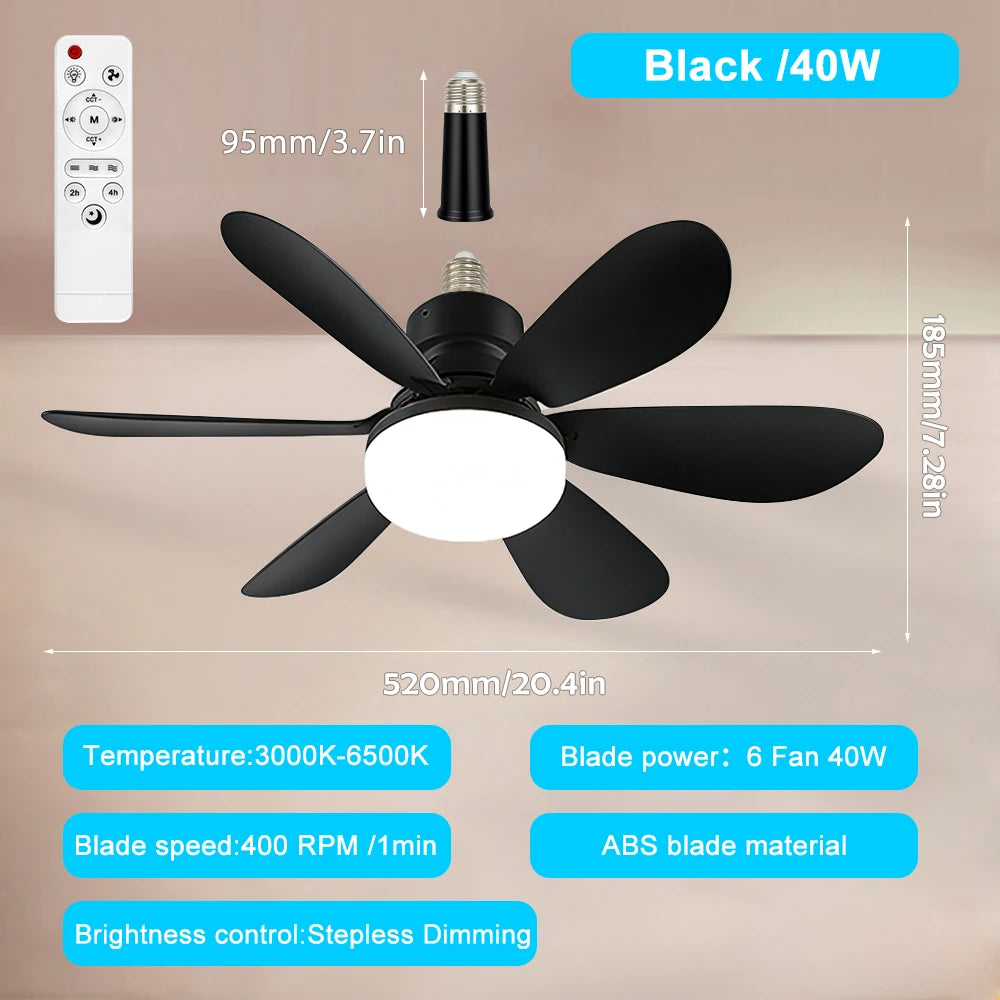 E26/E27 Base Home-use Quietly Ceiling Fan with 40W LED Night Light Wireless Remote Stepless Dimming Smart Ceiling Fan Lights Zpaxo 40W 52cm Black