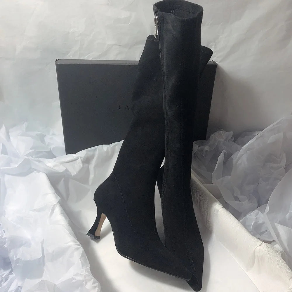 Women Stretch Modern Long Boots Fashion Pointed Toe Knee Booties Zpaxo 35 black
