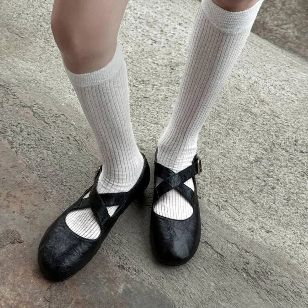 2025 Spring Women's Leopard Horsehair Narrow Band Cross Strap Flats