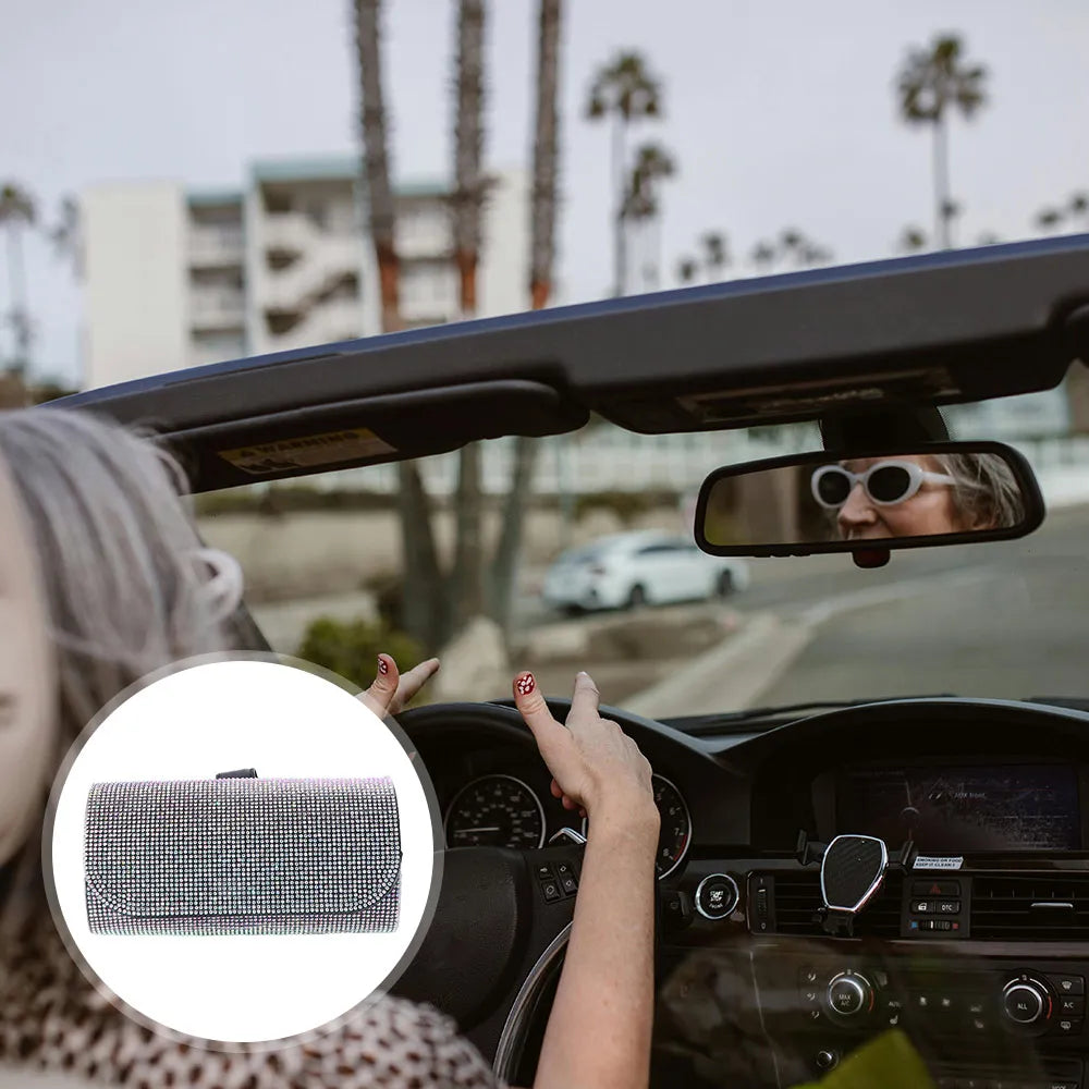 Portable Bling Sun Visor Glasses Case Rhinestone PU Leather Car Eyeglasses Holder Crystal Luxury Sunglasses Storage Box Vehicle Zpaxo
